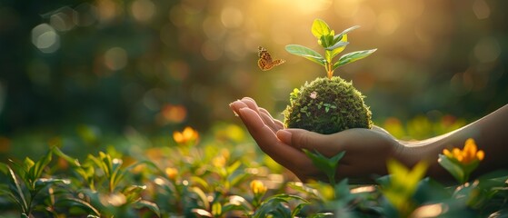 A globe and butterfly are held in hands, symbolizing the concept of the Earth Day or World Environment Day. Green nature is being restored and protected, sustainable lifestyles are promoted and - obrazy, fototapety, plakaty