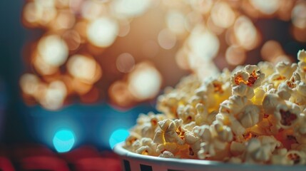 Bowl of popcorn on table, perfect for movie nights - obrazy, fototapety, plakaty