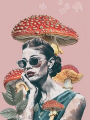 Poster. Contemporary art collage. Young woman, edible mushrooms. Concept of inspiration,...