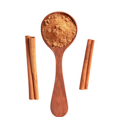 Wooden spoon filled with cinnamon sticks and powder - obrazy, fototapety, plakaty