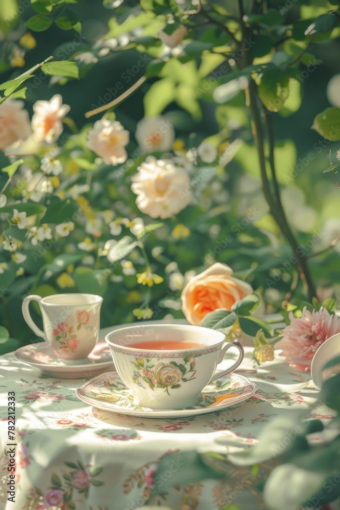 Poster Simple image of a tea cup and saucer on a table. Suitable for various projects