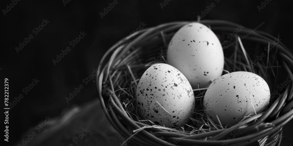 Poster four eggs in a basket on a table. suitable for food and cooking concepts