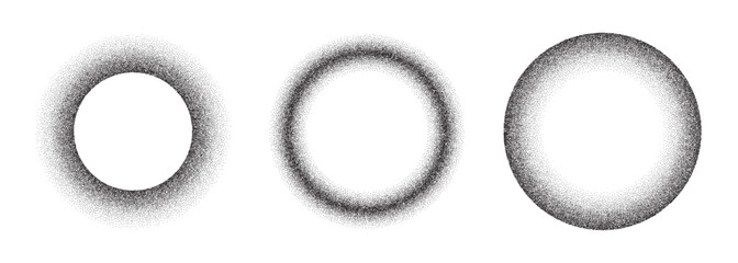 Noise gradient frame. Dots circle border. Ring grain texture. Round stipple pattern. Set of spherical halftons.