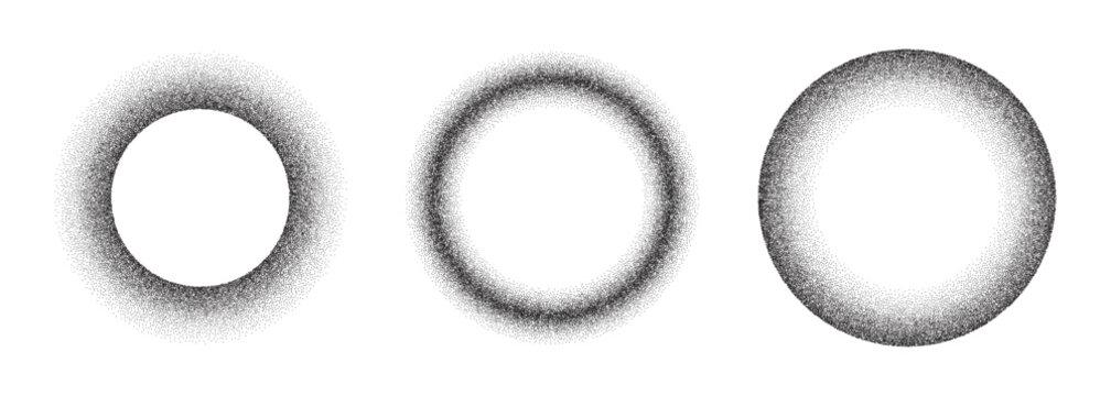 Noise gradient frame. Dots circle border. Ring grain texture. Round stipple pattern. Set of spherical halftons.