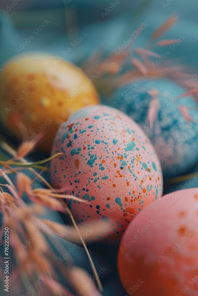 Poster close up of three colored eggs in a nest. perfect for easter designs