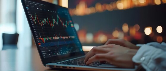 An individual uses a laptop to analyze economic growth, financial graphs, and business investments. He plans strategy, looks at stock market statistics, evaluates stock market trends, and performs