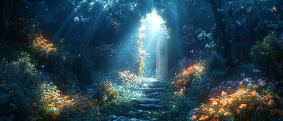 There are lilies flowing from the gate, rays of light shining out through the gate, and flying fairytale magic butterflies in this enchanted fairy tale forest with magical opening and secret wooden