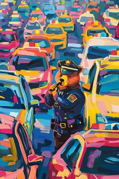 A bear in police uniform, directing traffic with a whistle, amidst a flurry of colorful cars