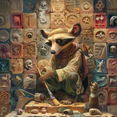 An anteater archaeologist, with a brush and artifact, surrounded by a spectrum of historical symbols