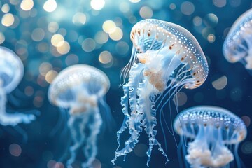 Group of jellyfish swimming in the ocean. Suitable for marine life and underwater themes - Powered by Adobe