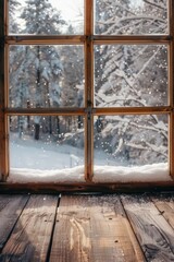 Naklejka premium Snow-covered window with a view of winter landscape. Suitable for winter-themed designs