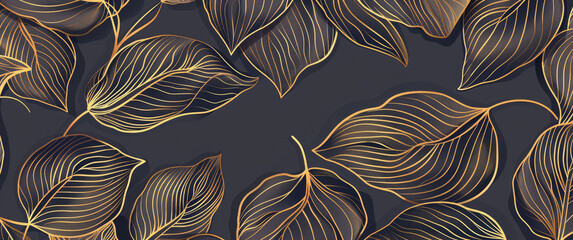 A hand drawn line art pattern of intricate leaf shapes, made from thin gold lines on a dark grey background