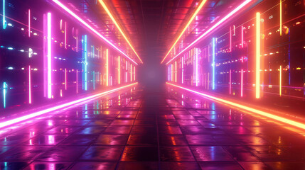Long Hallway With Neon Lights and Tiled Floor