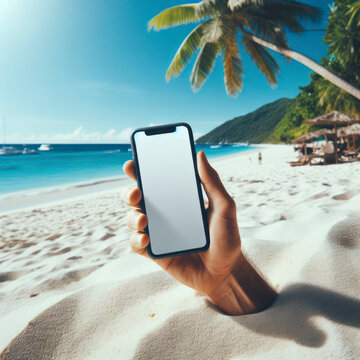 hand sticking out of the sand beach and holding a phone with a mockup white screen on beach palm