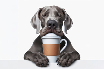 sleepy grate dane dog holding cup of coffee isolated on solid white background - obrazy, fototapety, plakaty