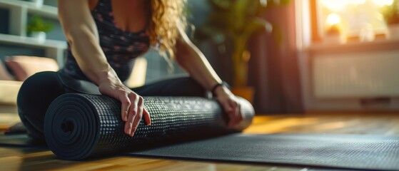 A young woman rolls a black fitness or yoga mat in her living room or in a yoga studio after a...