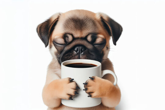 sleepy cute pug dog puppy holding cup of coffee isolated on solid white background
