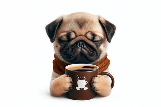 sleepy cute pug dog puppy holding cup of coffee isolated on solid white background