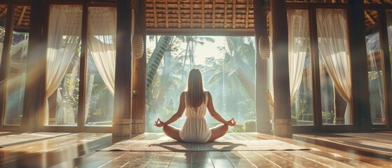 In this image, a young girl is practicing yoga outside. She is relaxing in a bamboo house, while...
