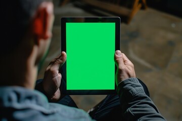 App preview over shoulder of a man holding an ebook with a completely green screen