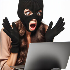 A surprised woman in a black robber mask sits with a laptop isolated on a white background