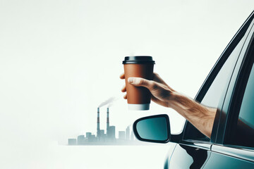 hand sticking out of a car window with a glass of coffee on a white background
