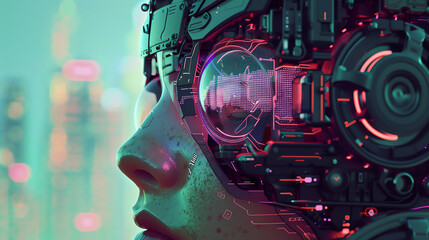 A close up of a female cyborg's face with a glowing eye and a cityscape in the background.