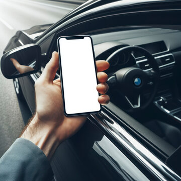 hand sticking out of car window with smartphone white screen mockup
