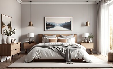 3d render of a mockup frame placed against the backdrop of a cozy bedroom interior light tones dom
