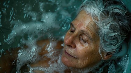 A woman with her eyes closed enjoying a bath. Perfect for wellness and relaxation concepts