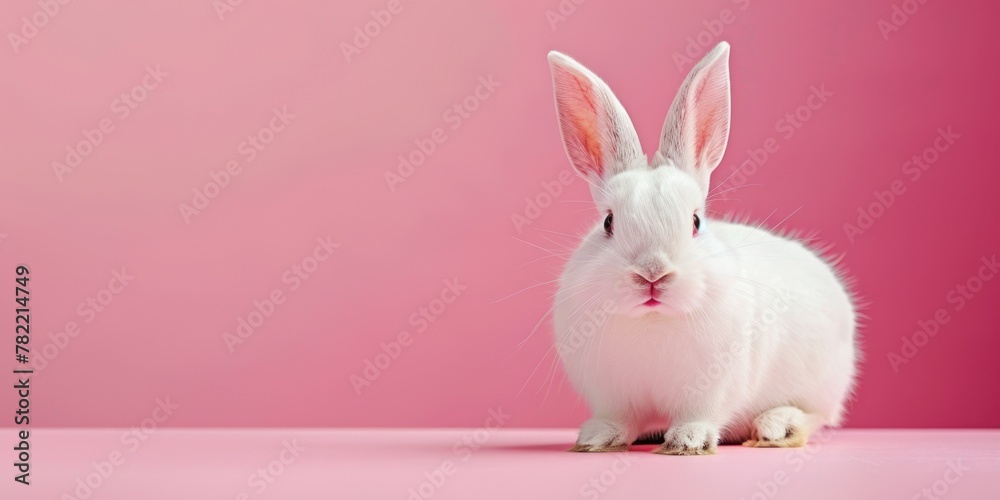 Poster A white rabbit sitting on a pink surface. Suitable for various creative projects