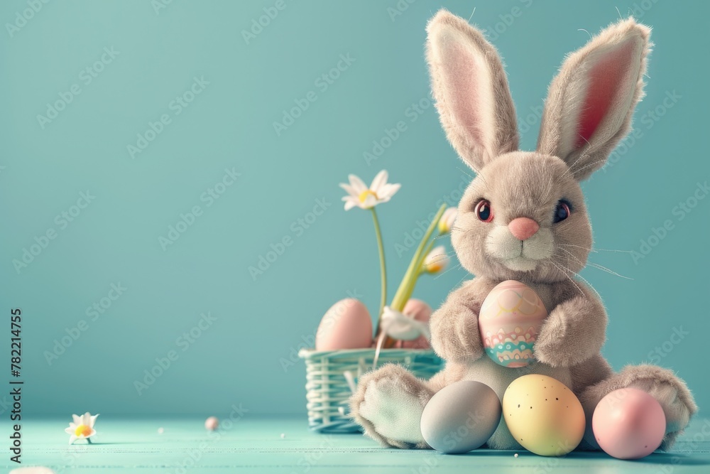 Canvas Prints Stuffed rabbit sitting next to a basket of eggs. Perfect for Easter holiday designs