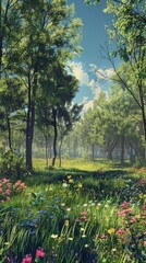 spring background featuring a sun-dappled forest glade, with tall trees casting dappled shadows on the lush green grass below. Colorful wildflowers bloom along the forest floor
