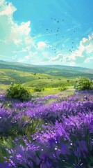 Fototapeta premium spring background featuring a sun-drenched meadow filled with blooming lavender bushes and buzzing bees. The distant hills are a soft shade of green