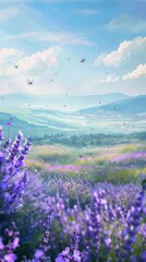 Obraz premium spring background featuring a sun-drenched meadow filled with blooming lavender bushes and buzzing bees. The distant hills are a soft shade of green