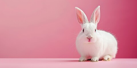 A white rabbit sitting on a pink surface. Suitable for various creative projects