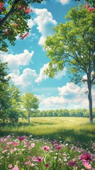 Fototapeta premium background featuring lush green meadows dotted with colorful wildflowers, framed by towering trees with fresh green leaves swaying in the gentle breeze