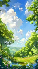 Fototapeta premium background featuring lush green meadows dotted with colorful wildflowers, framed by towering trees with fresh green leaves swaying in the gentle breeze