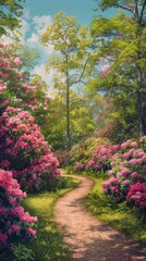 springtime scene set in a blooming garden, with winding pathways lined with vibrant azaleas and rhododendrons in shades of coral, magenta, and fuchsia