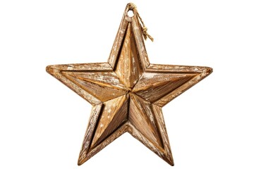 A wooden star ornament hanging from a rope. Suitable for holiday decorations