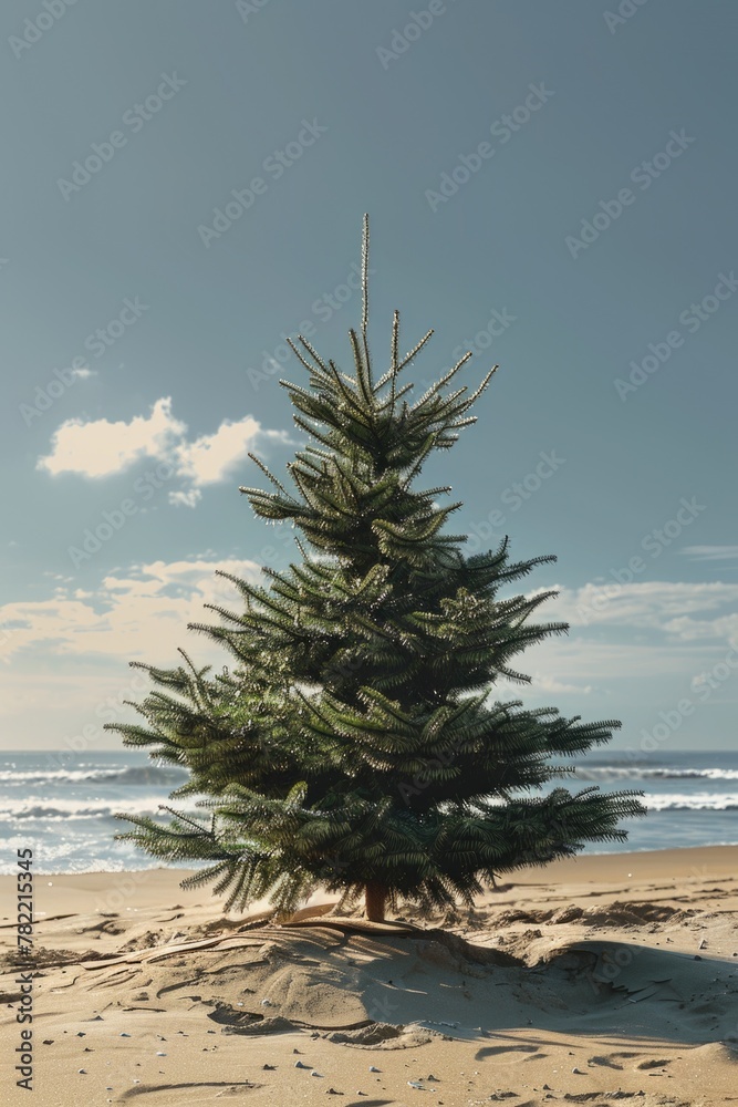 Poster a serene image of a small pine tree on a sandy beach. perfect for nature lovers and travel websites
