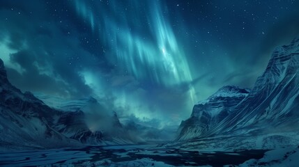Serene night at the heart of winter's embrace, the azure aurora borealis weaves its celestial dance - obrazy, fototapety, plakaty