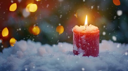 A red candle burning in the snow, perfect for winter themes