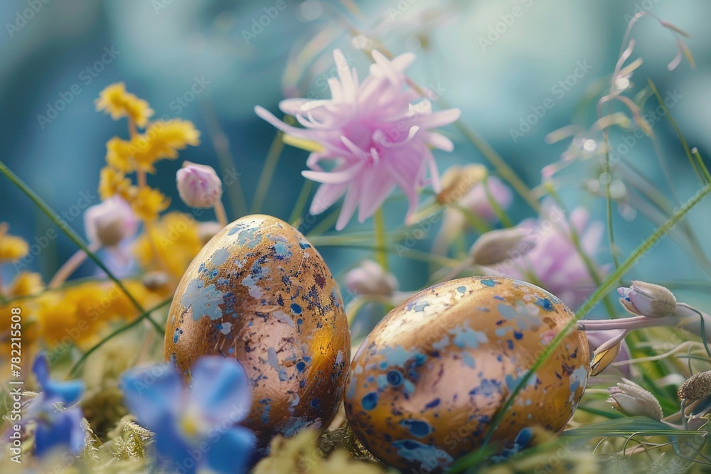 Poster close-up of eggs in colorful field, perfect for spring themes