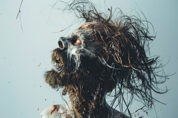 A man covered in dirt with long hair and a beard, looking rugged and unkempt. Suitable for illustrating survival, homelessness, or wilderness themes - obrazy, fototapety, plakaty