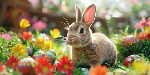 Fototapeta na wymiar A rabbit sitting in the grass surrounded by flowers. Perfect for nature lovers