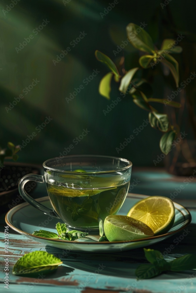 Poster refreshing cup of green tea with a slice of lemon on a plate. perfect for health and wellness concep