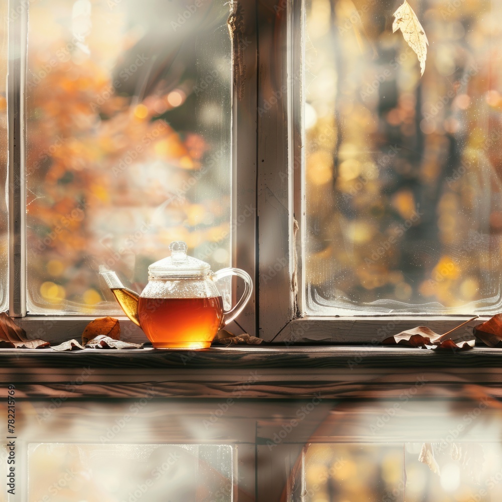 Poster a cup of tea sitting on a window sill, suitable for various concepts and designs