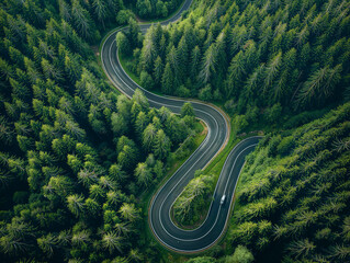 Aerial view of a winding road through a forest