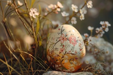 A colorful painted egg resting on a stack of rocks. Suitable for Easter and nature-themed designs